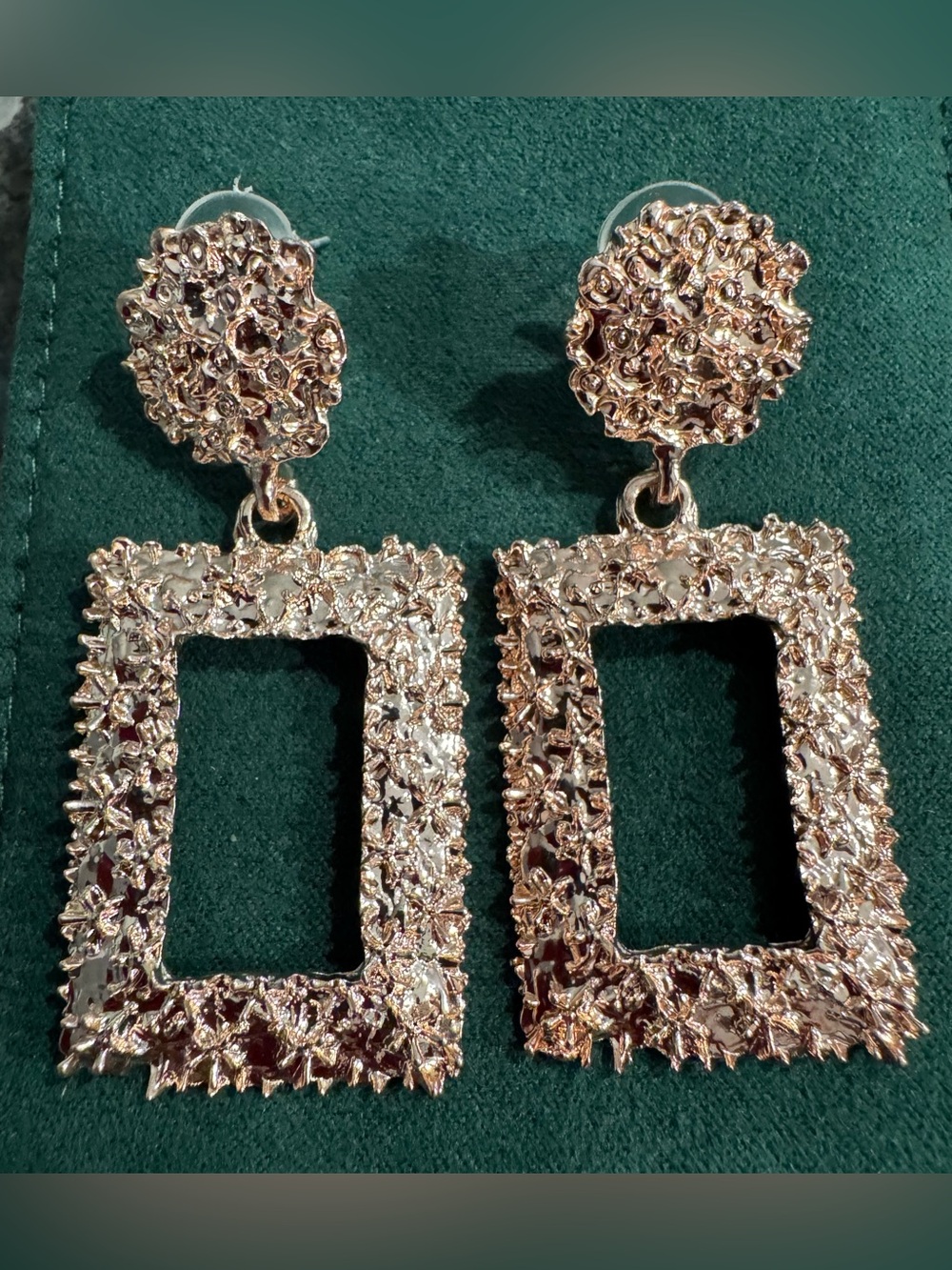 Rose Gold Textured Rectangle Drop Fashion Earrings - Lightweight